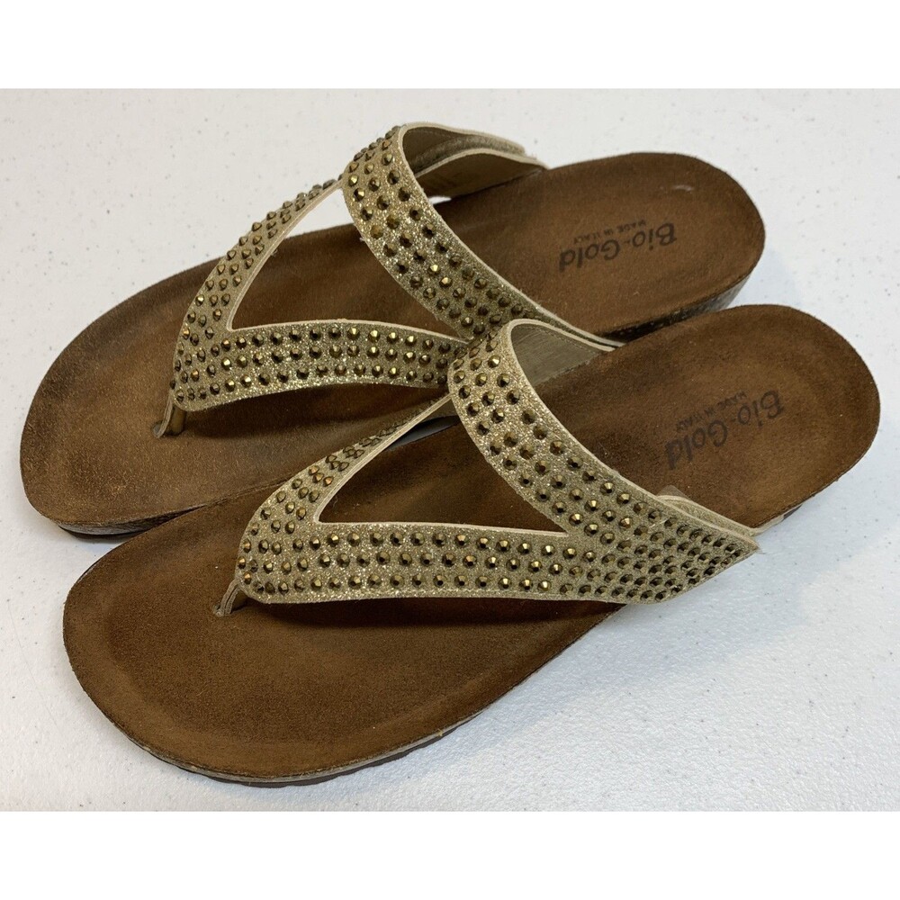Bio-Gold Italian Wedge Sandals Womens 9 Gold Strappy Rhinestones Glitter Slip On - Picture 9 of 9